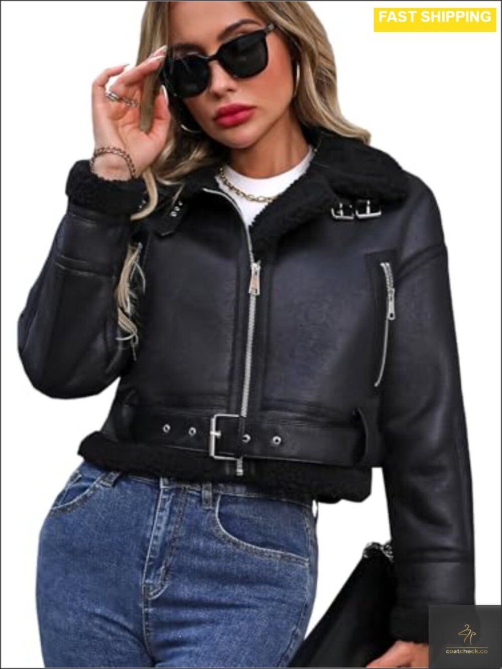 Faux Lamb Fur Leather Jacket Cropped Bomber Aviator Coat